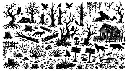 Fototapeta premium Spooky Forest Silhouette Collection with Dead Trees Wildlife Cabins Isolated Transparent Vector Set