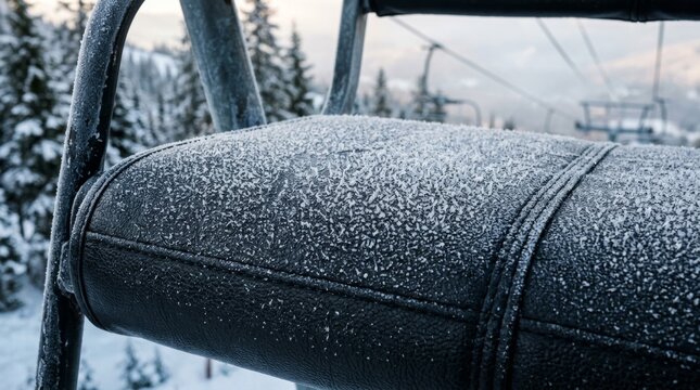 A frost covered black seat sits on a ski lift in winter.