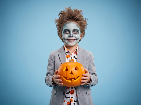 Smiling child wearing skeleton makeup and grey suit jacket holding carved orange jack o lantern pumpkin for halloween celebration on a blue background