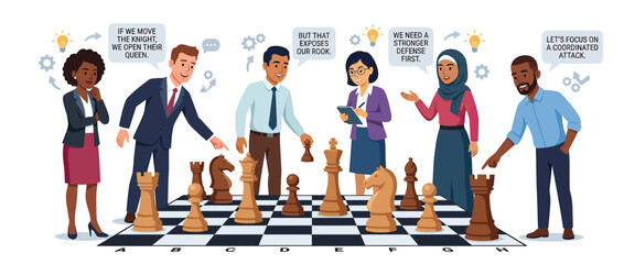 Diverse business team strategizing with chess game © Biru