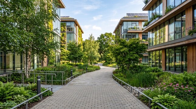Climate-resilient urban corridor featuring sustainable office architecture, ecological landscape design, and green infrastructure for corporate sustainability projects.