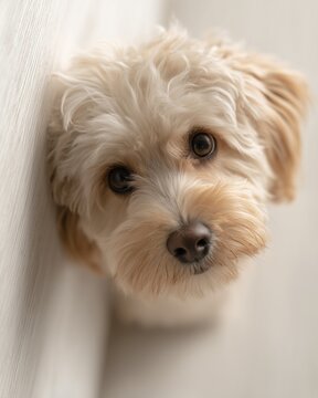 Portrait of fluffy puppy looking up at camera. Cute small dog sitting indoors, pet adoption concept