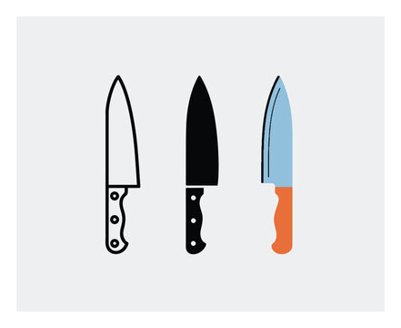 Conjunto de tres cuchillos de cocina en estilo contorno, silueta y color