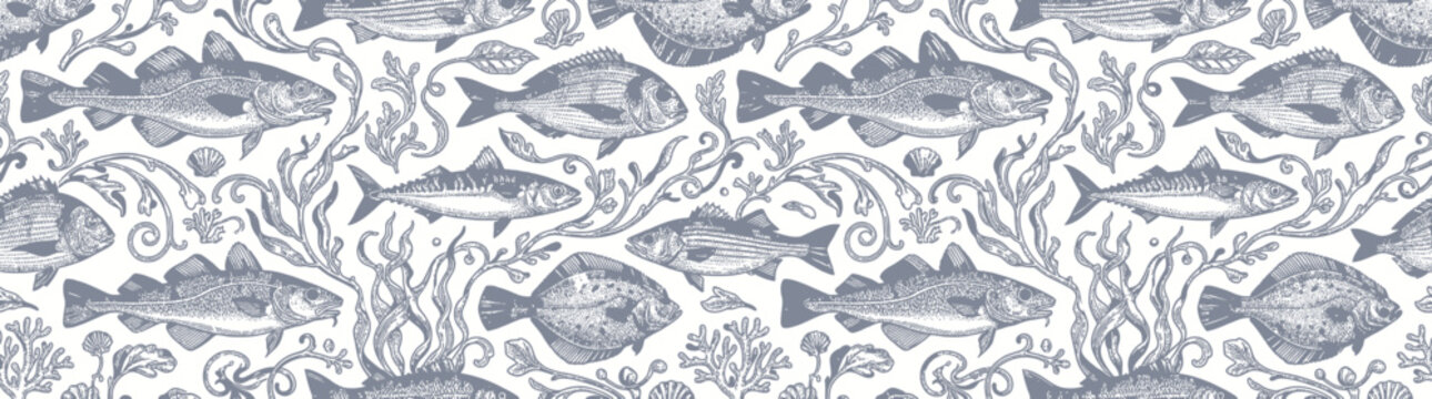 Vintage Fish and Seaweed Pattern Textile Design