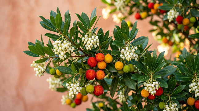 Arbutus unedo strawberry tree with fruits. Evergreen shrub with white flowers and berries.
