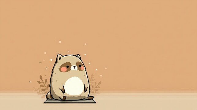 A cute, chubby raccoon with a charming expression is sitting patiently on a mat with a soft tan background in this adorable and charming cartoon illustration.