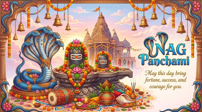 Image is a vibrant digital illustration celebrating Nag Panchami, featuring a detailed and colorful layout. At the center, there are two Shiva Lingams adorned with bright orange and yellow marigold ga