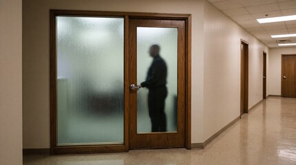 Fototapeta premium Frosted Glass Government Office Corridor Glowing Grey-Green with Silhouette