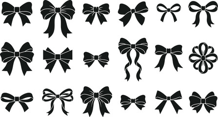 Decorative gift ribbon bow silhouette icons set for festive holiday presents wedding invitations and greeting card decorations vector © MdRakib