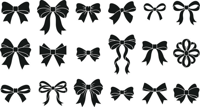Decorative gift ribbon bow silhouette icons set for festive holiday presents wedding invitations and greeting card decorations vector