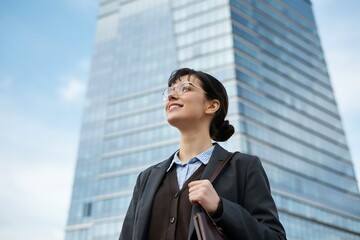 Fototapeta premium Confident Businesswoman Standing in Front of Modern Office Building Looking Toward Future Success