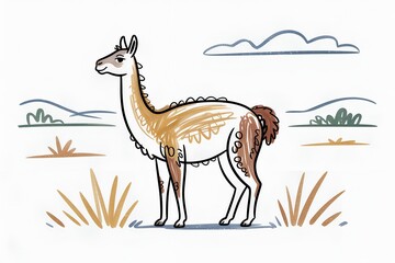 Fototapeta premium Wild guanaco llama standing on grassy plain field in hand drawn sketch style for South American wildlife, animal concept