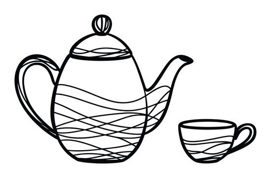 Sencilla l&iacute;nea en blanco y negro de una tetera y una taza de t&eacute;