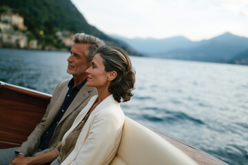Fototapeta premium An elegant couple relaxes on a boat during a scenic ride, surrounded by the stunning beauty of nature, evoking feelings of love, peace, and togetherness in a picturesque setting.