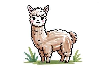 Fototapeta premium Cute fluffy white alpaca llama standing on green lawn field in hand drawn sketch style for domestic pets, animal concept