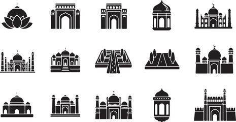 Black and white line of various mosque architectural styles from around the minaret dome Islamic architecture © DS STORE