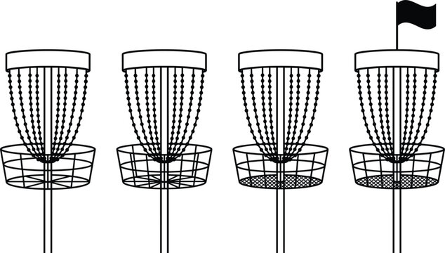 Disc golf target baskets with chains collection and a flag variant for outdoor sporting activities vector icons