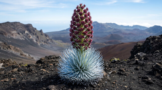 Silversword plant blooming in volcanic landscape. Rare Haleakala flower on rocky terrain.