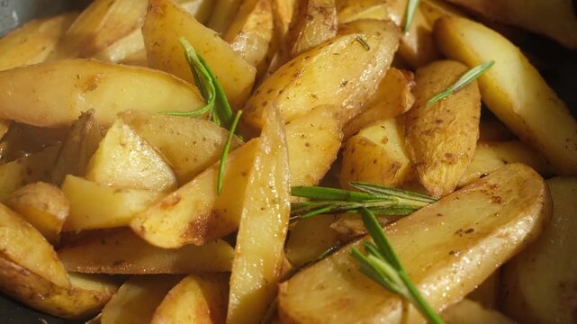 Person fries potatoes with rosemary, stirring them with a wooden spoon 