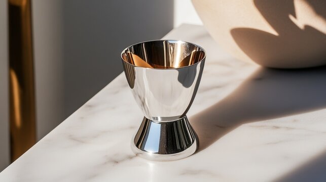 A polished silver jigger sits on a marble surface, catching the light from a nearby window