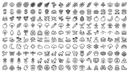 Fototapeta premium Nature and Ecology Line Icon Set with Botanical Plants Wildlife Landscape and Outdoor Adventure Symbols