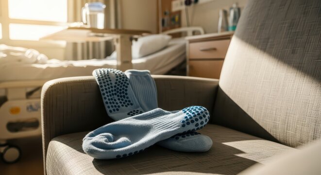 Hospital room with patient socks on chair, soft natural light, focus on socks and chair, hospital bed in background