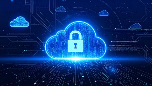 Glowing Blue Cloud Computing Security Icon with Central Padlock and Futuristic Circuit Board Lines