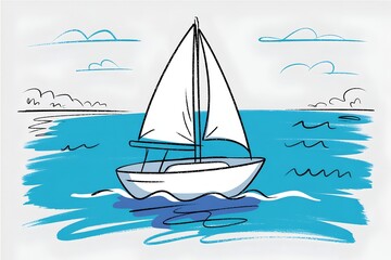 Fototapeta premium White sailboat vessel cruising on calm blue sea water in hand drawn sketch style for marine ocean journey, freedom concept