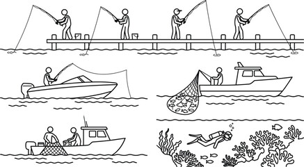 Fishermen catching fish from pier and boats with rod net and scuba diver exploring coral reef © MdRakib