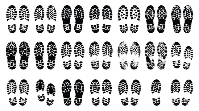 Shoe Print Silhouette Vector Set with Various Textured Boot Footprint and Tread Track SymbolsShoe Print Silhouette Vector Set with Various Textured Boot Footprint and Tread Track Symbols
