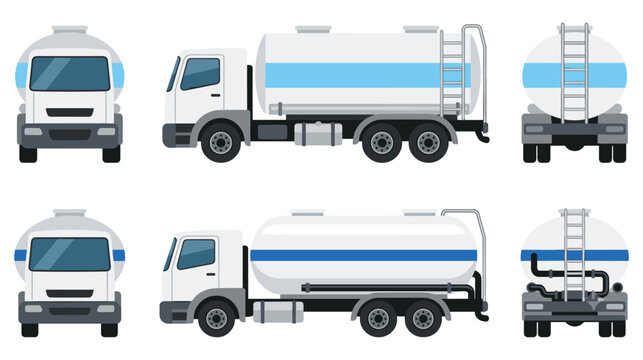 Milk truck tanker side front and back views collection isolated on white background.