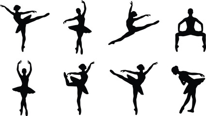 Elegant Ballet Dancer Silhouettes Performing Graceful Classical Dance Poses on White Background © MdAsraful