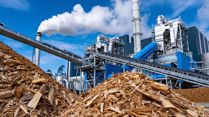 Fototapeta premium Wide angle view of a modern biomass power plant releasing clean white steam into a bright blue sky, massive piles of wood chips beside conveyor belts feeding advanced metal processing units, sustain