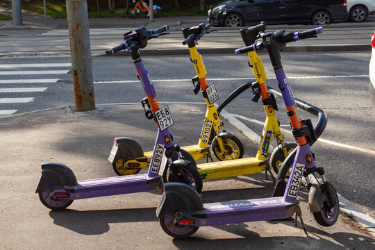 Three electric rental scooters parked on a city sidewalk near a pedestrian crossing
