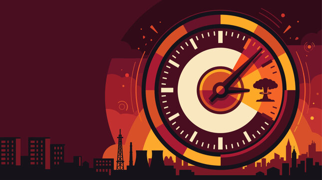Conceptual vector illustration for International Day Against Nuclear Tests with doomsday clock and cityscape silhouette