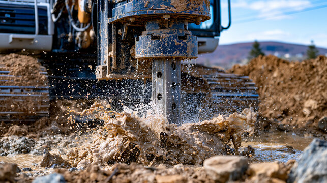 A powerful drilling rig bores an artesian well at midday, muddy water and wet soil spraying around the drill site, heavy hydraulic machinery in operation, freshly excavated earth surrounding the wor