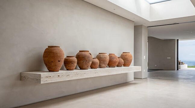 Collection of ancient terracotta amphorae displayed on a modern white shelf.