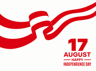Obraz premium Flat vector illustration of Indonesian Independence Day, happy Kemerdekaan Indonesia, with a wavy red and white ribbon and the date 17 August