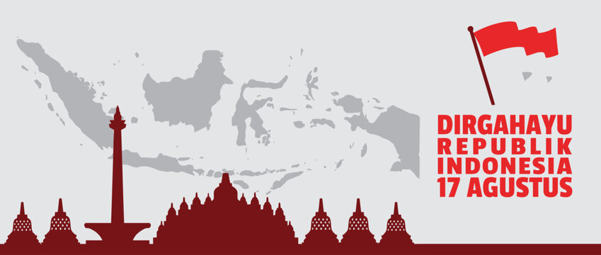 Indonesian independence day banner with kemerdekaan indonesia theme featuring monas and borobudur landmarks, flat vector illustration