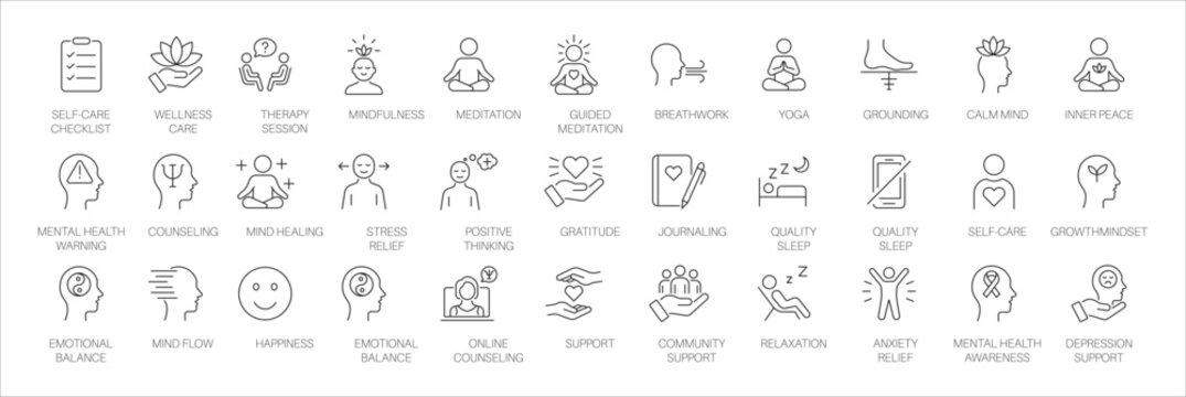 Mental health line icon set. Featuring therapy session, guided meditation, stress relief, and online counseling. Vector icons for wellness brochures, reports, and therapy apps.