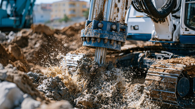Close wide angle view of an industrial drilling rig sinking an artesian water well, muddy soil and water splashing from the borehole, rugged excavation site with disturbed ground, heavy construction