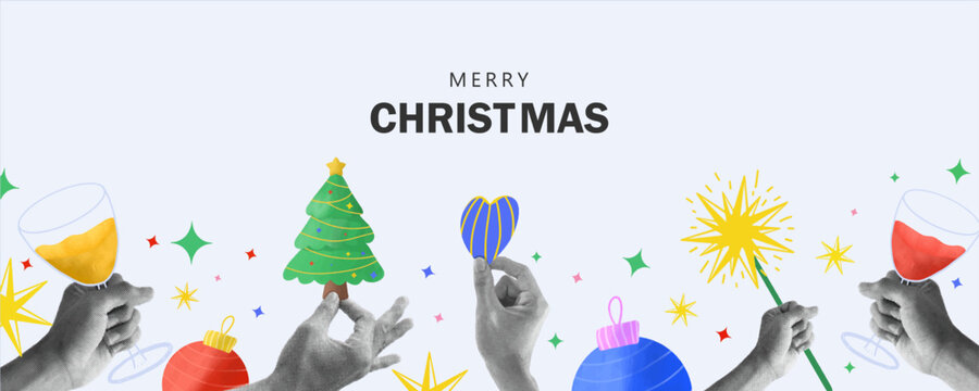 Merry Christmas and New Year 2027 poster with Trendy Halftone Collage hands holding tree toy and gift. Happy New Year greeting cards banners. 80s style vintage collage warm Christmas Season background