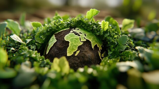 A mini planet Earth nestled amongst lush green leaves and grass, symbolizing environmental protection and growth. The focus is on the planet, highlighting its vibrant green continents.
