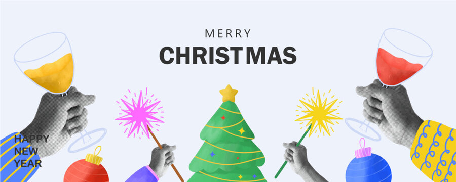 Merry Christmas and New Year 2027 poster with Trendy Halftone Collage hands holding tree toy and gift. Happy New Year greeting cards banners. 80s style vintage collage warm Christmas Season background