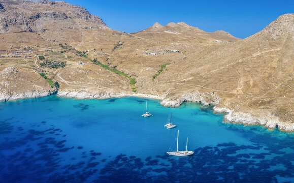 The coast of Serifos island, Cyclades, Greece, with the secluded Kalo Ampeli beach and turquoise sea