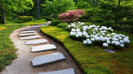 Obraz premium A serene Japanese garden path lined with stepping stones and lush greenery, featuring white blossoms and vibrant foliage, leading to a tranquil and picturesque scene.