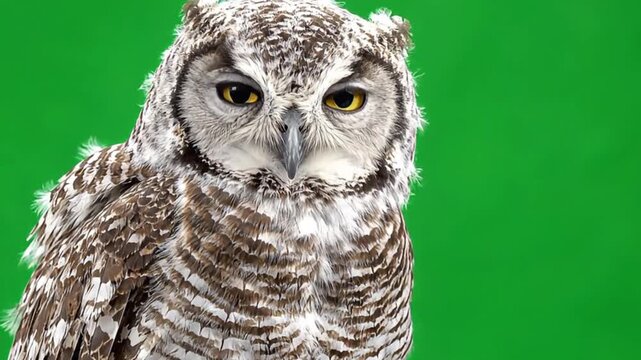 Close up portrait of a spotted eagle owl looking at camera against a solid green background in a studio setting with sharp focus and detailed feathers