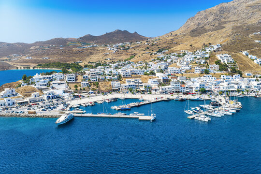 Aerial view of the town and port of Livadi at Serifos island, Cyclades, Greece, during a sunny summer day