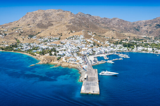 Aerial view of the town and port of Livadi at Serifos island, Cyclades, Greece, during a sunny summer day