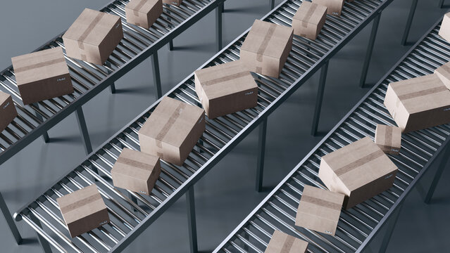Multiple cardboard boxes on conveyor belts. 3d rendering